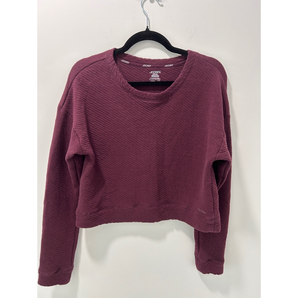 Jockey Womens Textured Cropped Sweatshirt Burgundy Wine Long Sleeve Pullover M